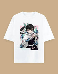 Anime Butterfly Swordswoman Oversized T-Shirt | Pastel Graphic Manga Tee Baklol Wear