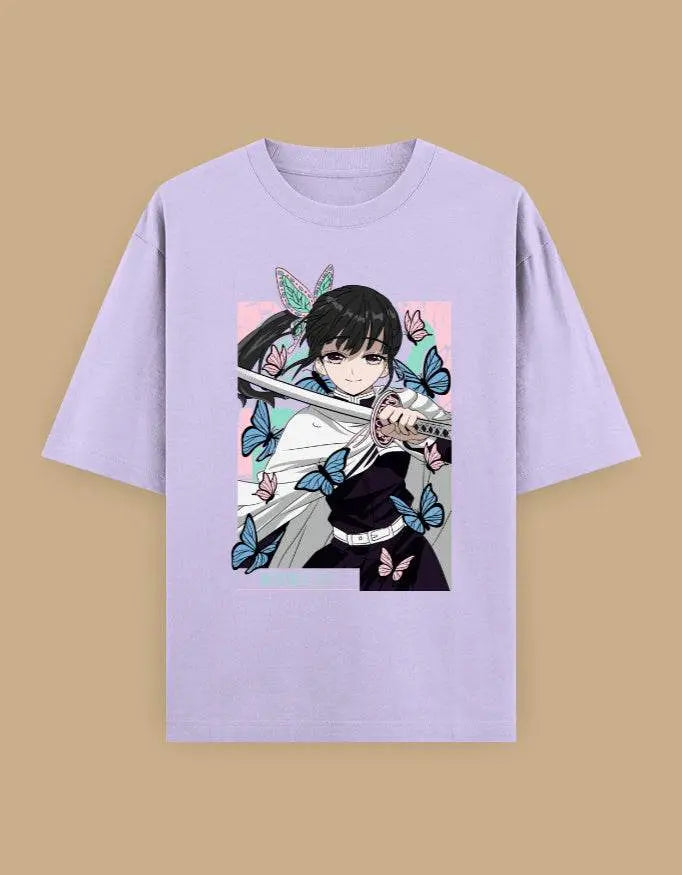 Anime Butterfly Swordswoman Oversized T-Shirt | Pastel Graphic Manga Tee Baklol Wear