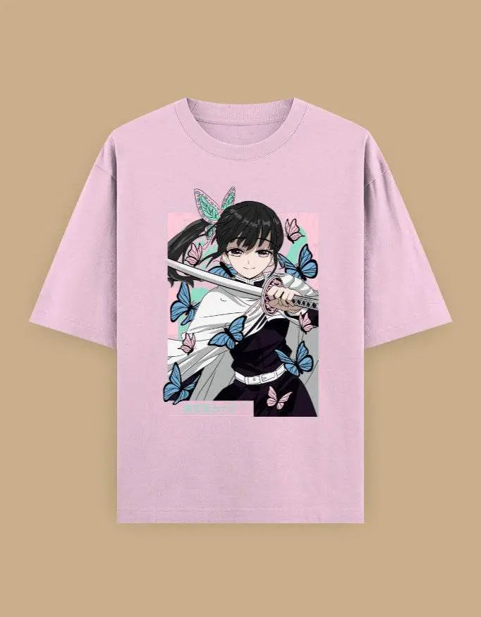 Anime Butterfly Swordswoman Oversized T-Shirt | Pastel Graphic Manga Tee Baklol Wear