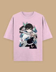Anime Butterfly Swordswoman Oversized T-Shirt | Pastel Graphic Manga Tee Baklol Wear