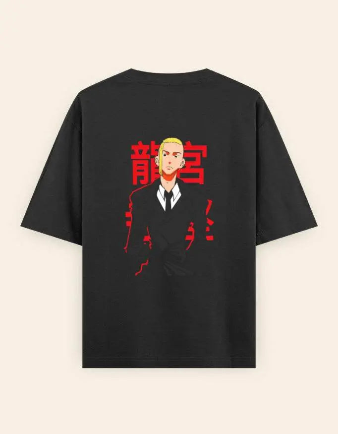 Anime Suit Character Back Print T-Shirt | Japanese Typography Oversized Tee - Baklol Wear