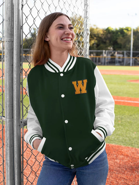 Classic Varsity Letterman Jacket for Men – Wool Bomber with Chenille W Patch - Baklol Wear