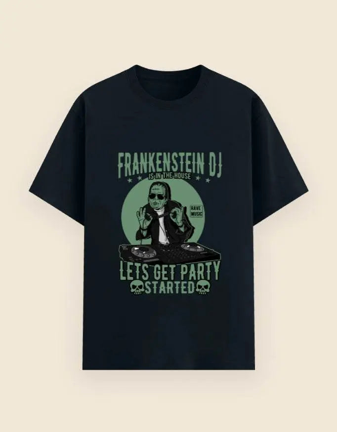 Frankenstein DJ Graphic T-Shirt – Halloween Party Rave Music Tee for Men Baklol Wear