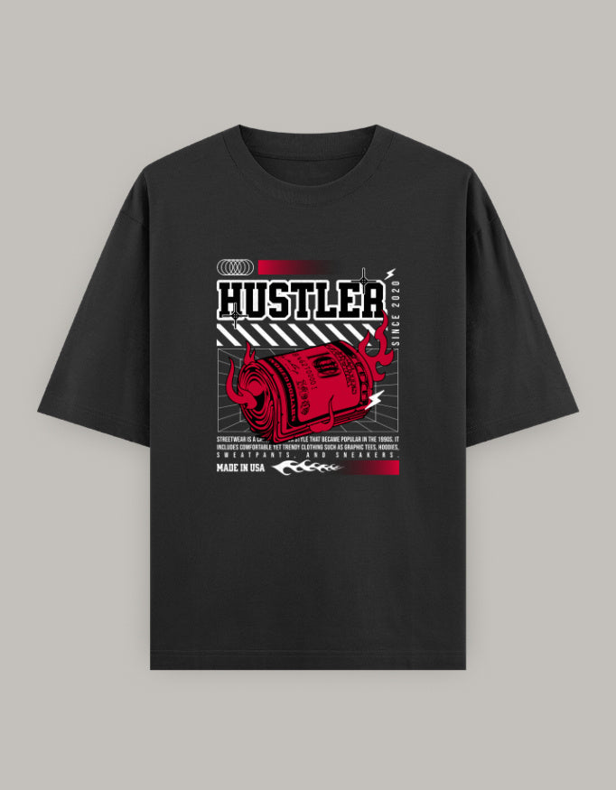 Hustler Oversized T-Shirt – Bold Money Flame Streetwear Graphic - Baklol Wear