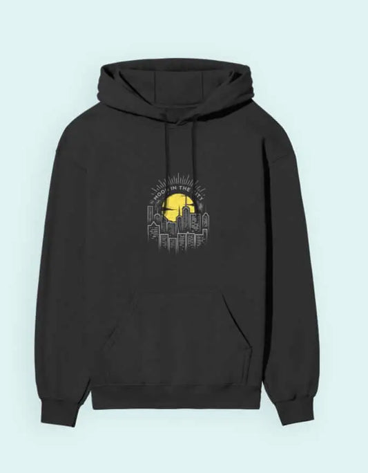 Moon in the City Unisex Hoodie – Urban Skyline Nightlife Graphic Sweatshirt Baklol Wear