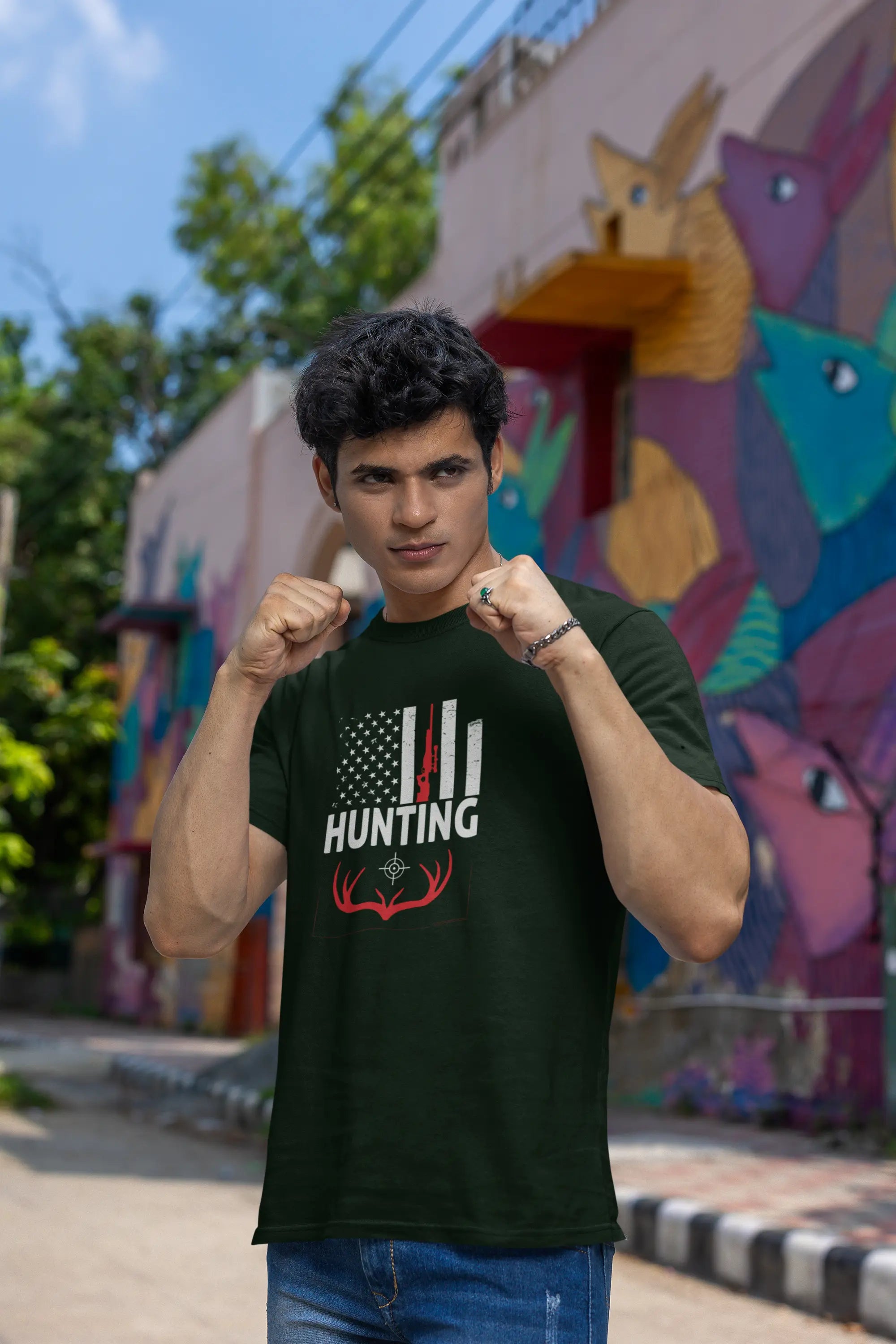 Premium Hunting American Flag and Deer Antler Graphic Unisex Classic Crew T-Shirt - Baklol Wear