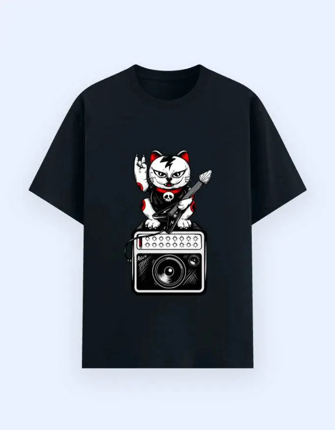 Rockstar Maneki-Neko Cat Graphic T-Shirt – Lucky Punk Guitarist Novelty Tee Baklol Wear