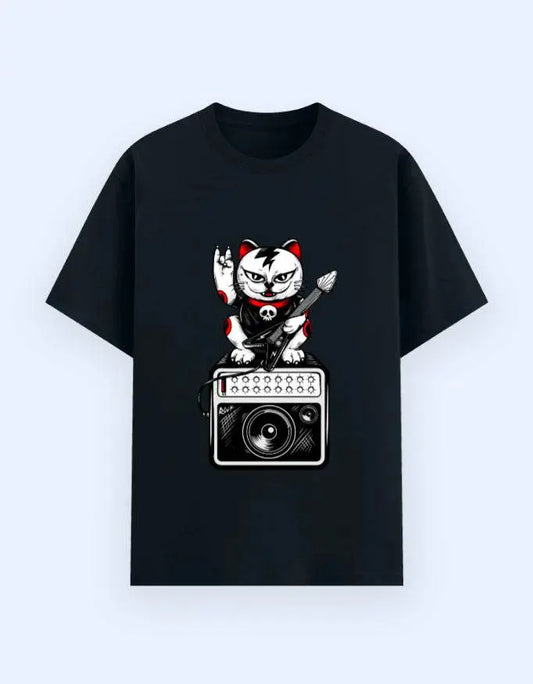 Rockstar Maneki-Neko Cat Graphic T-Shirt – Lucky Punk Guitarist Novelty Tee Baklol Wear