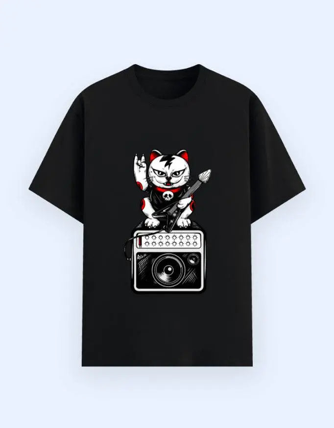 Rockstar Maneki-Neko Cat Graphic T-Shirt – Lucky Punk Guitarist Novelty Tee Baklol Wear