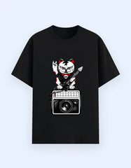 Rockstar Maneki-Neko Cat Graphic T-Shirt – Lucky Punk Guitarist Novelty Tee Baklol Wear