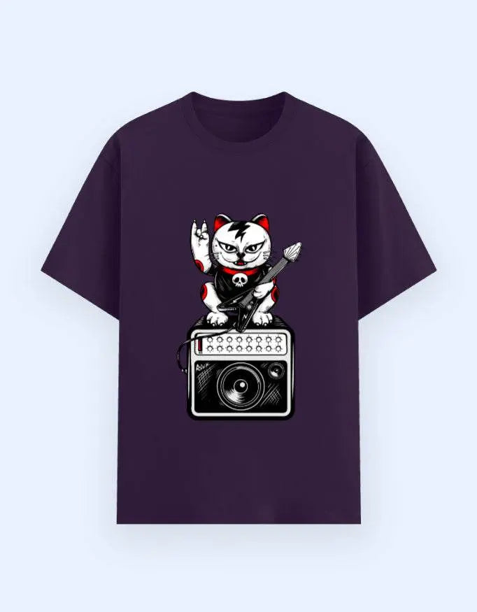 Rockstar Maneki-Neko Cat Graphic T-Shirt – Lucky Punk Guitarist Novelty Tee Baklol Wear