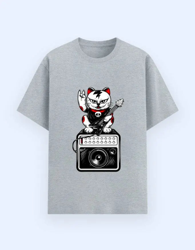 Rockstar Maneki-Neko Cat Graphic T-Shirt – Lucky Punk Guitarist Novelty Tee Baklol Wear