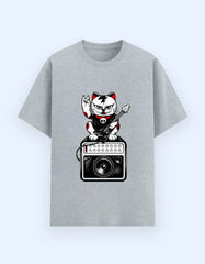 Rockstar Maneki-Neko Cat Graphic T-Shirt – Lucky Punk Guitarist Novelty Tee Baklol Wear