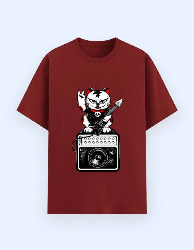 Rockstar Maneki-Neko Cat Graphic T-Shirt – Lucky Punk Guitarist Novelty Tee Baklol Wear