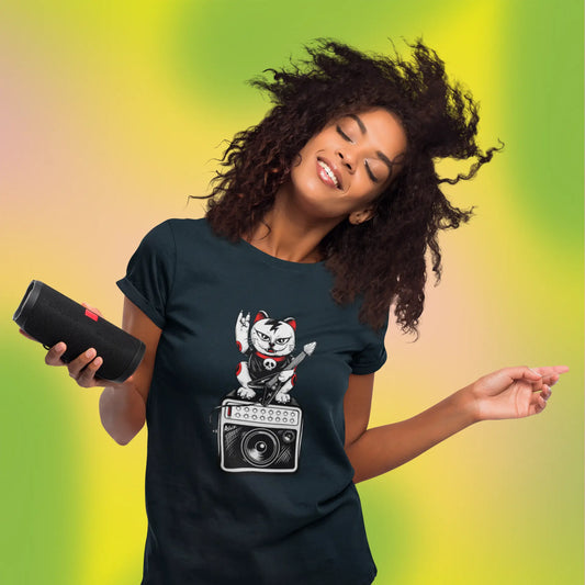 Rockstar Maneki-Neko Cat Graphic T-Shirt – Lucky Punk Guitarist Novelty Tee Baklol Wear