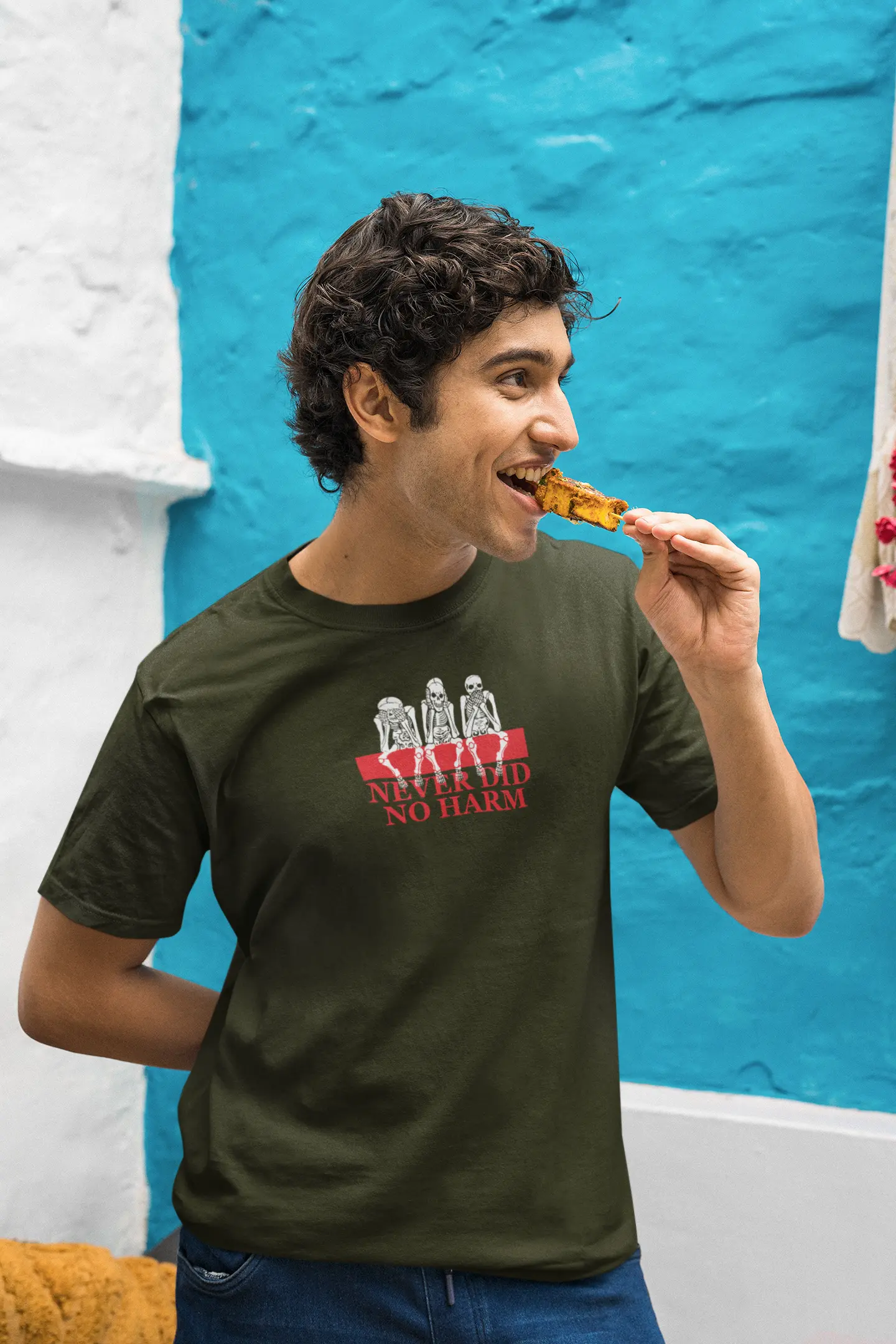 Premium Skeleton Graphic “Never Did No Harm” Classic Crew T-Shirt - Baklol Wear