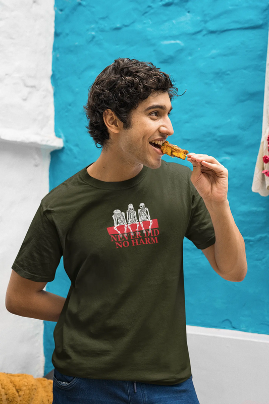 Premium Skeleton Graphic “Never Did No Harm” Classic Crew T-Shirt - Baklol Wear