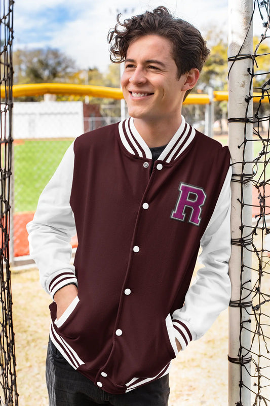 Varsity Letterman Jacket for Men – Wool Bomber with Chenille R Patch - Baklol Wear