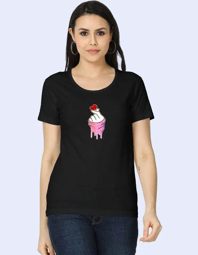 Women’s Graphic T-Shirt with Dripping Sleeve Heart Hand Design Baklol Wear