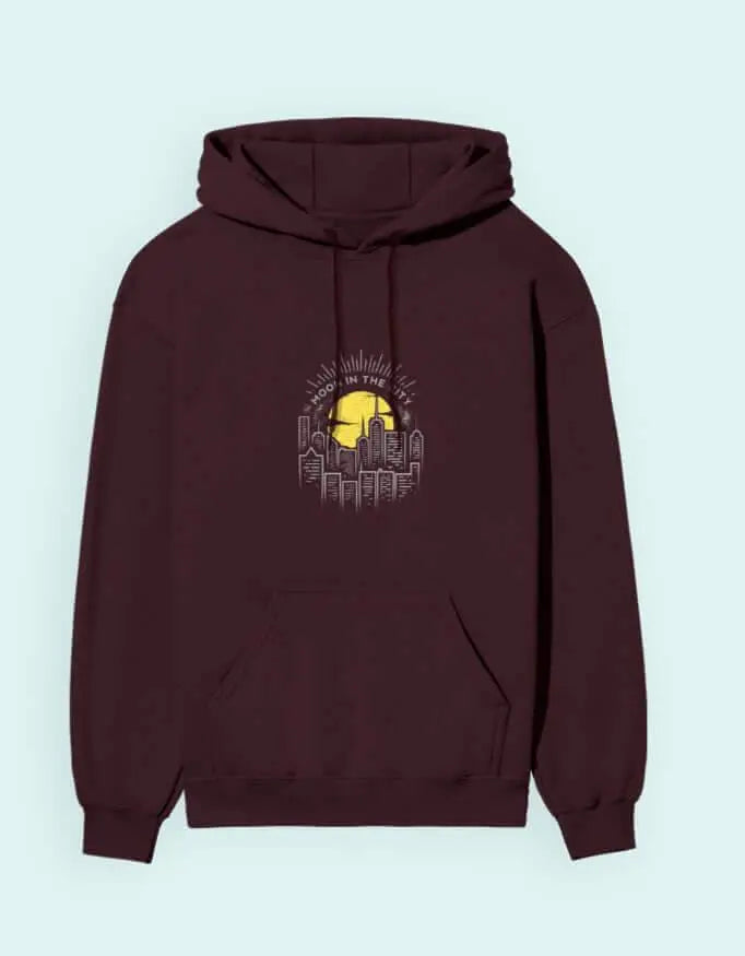 Moon in the City Unisex Hoodie – Urban Skyline Nightlife Graphic Sweatshirt Baklol Wear